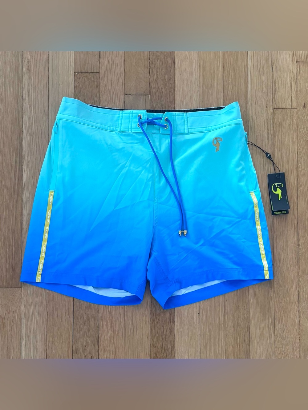 Tucann Mens Swim Shorts XL Faded Ocean Blue Ombre Trunks Compression Liner NWT